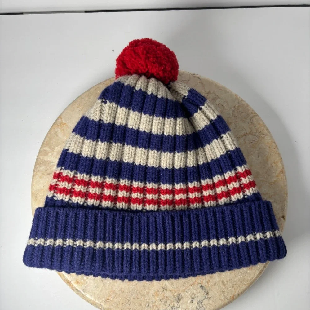 Vintage L.L. Bean Beanie OSFA Blue Striped 100% Lambswool‎ Pom Pom Winter Hat